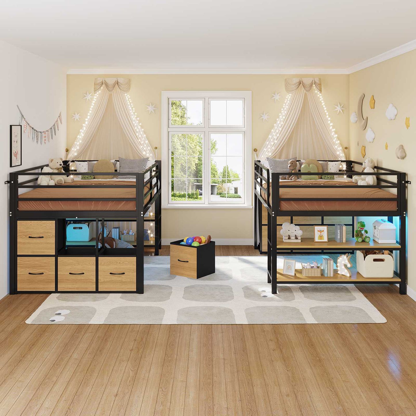 ADORNEVE Low Loft Bed Twin Size with 6 Storage Drawers and Storage Shelves, Metal Kids Loft Bed  with LED Lights and Safety Guard Rail