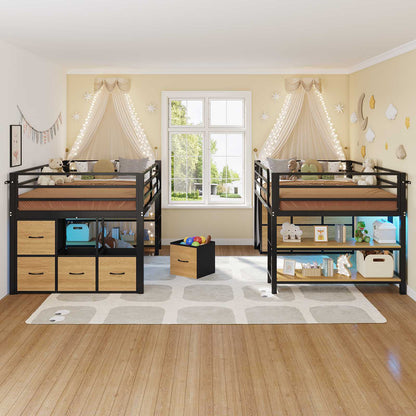 ADORNEVE Low Loft Bed Twin Size with 6 Storage Drawers and Storage Shelves, Metal Kids Loft Bed  with LED Lights and Safety Guard Rail