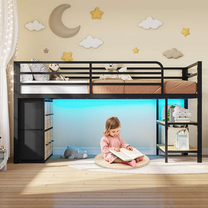 ADORNEVE Low Loft Bed Twin Size with 6 Storage Drawers and Storage Shelves, Metal Kids Loft Bed  with LED Lights and Safety Guard Rail