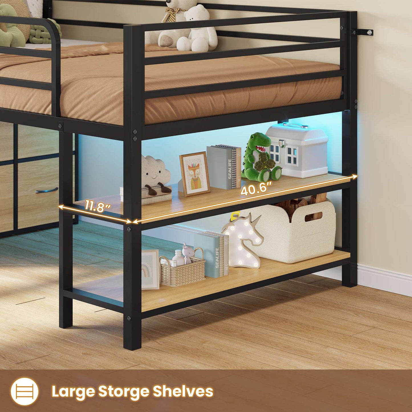 ADORNEVE Low Loft Bed Twin Size with 6 Storage Drawers and Storage Shelves, Metal Kids Loft Bed  with LED Lights and Safety Guard Rail