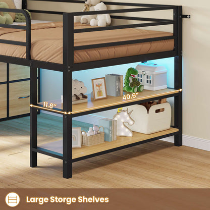 ADORNEVE Low Loft Bed Twin Size with 6 Storage Drawers and Storage Shelves, Metal Kids Loft Bed  with LED Lights and Safety Guard Rail