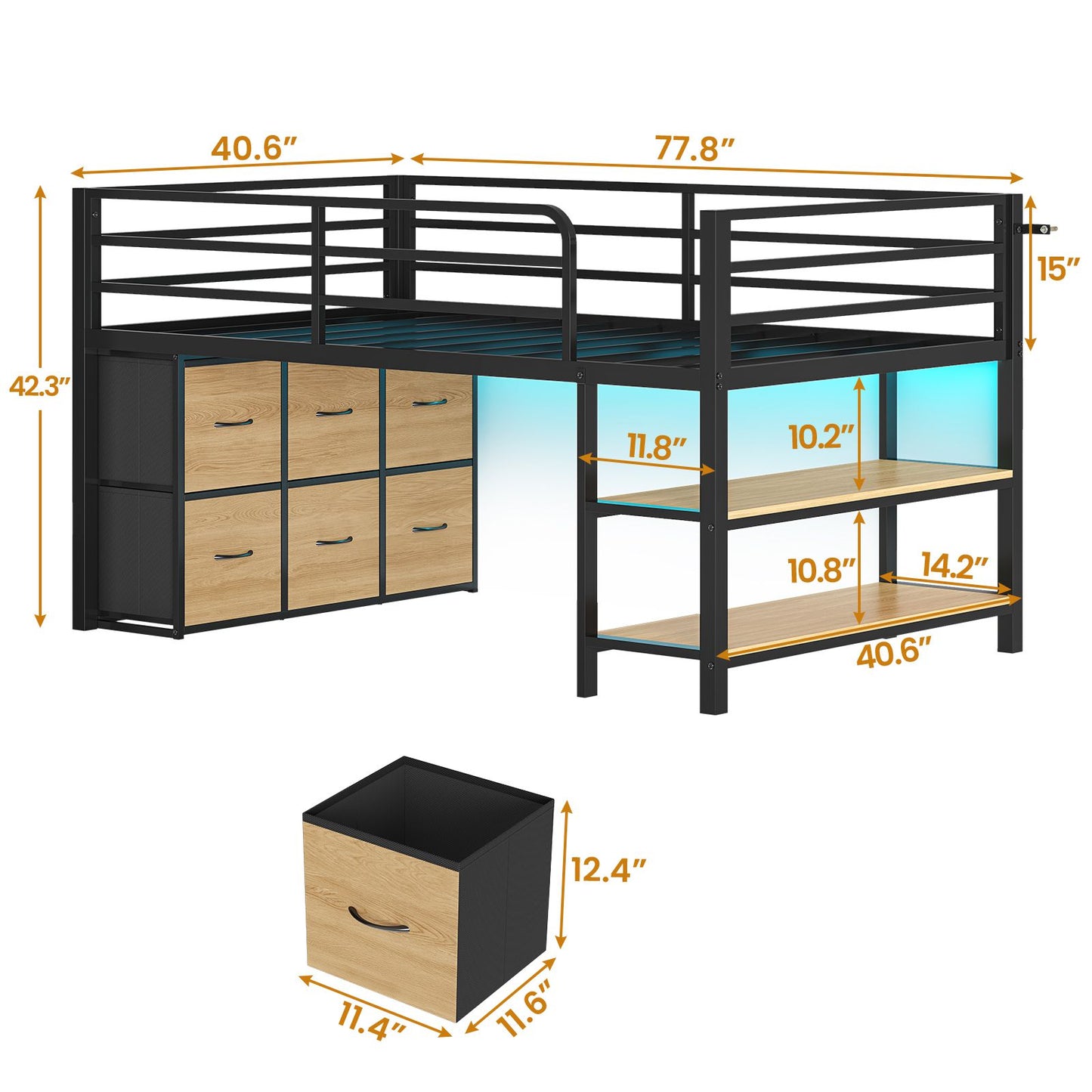 ADORNEVE Low Loft Bed Twin Size with 6 Storage Drawers and Storage Shelves, Metal Kids Loft Bed  with LED Lights and Safety Guard Rail