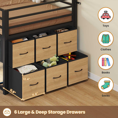 ADORNEVE Low Loft Bed Twin Size with 6 Storage Drawers and Storage Shelves, Metal Kids Loft Bed  with LED Lights and Safety Guard Rail