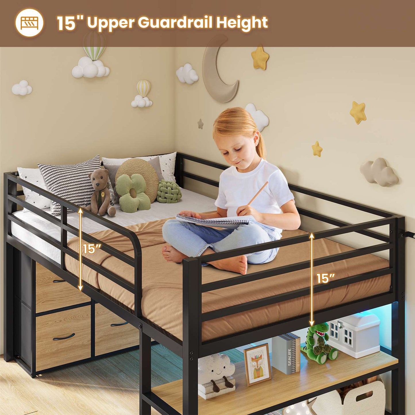 ADORNEVE Low Loft Bed Twin Size with 6 Storage Drawers and Storage Shelves, Metal Kids Loft Bed  with LED Lights and Safety Guard Rail