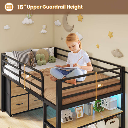 ADORNEVE Low Loft Bed Twin Size with 6 Storage Drawers and Storage Shelves, Metal Kids Loft Bed  with LED Lights and Safety Guard Rail