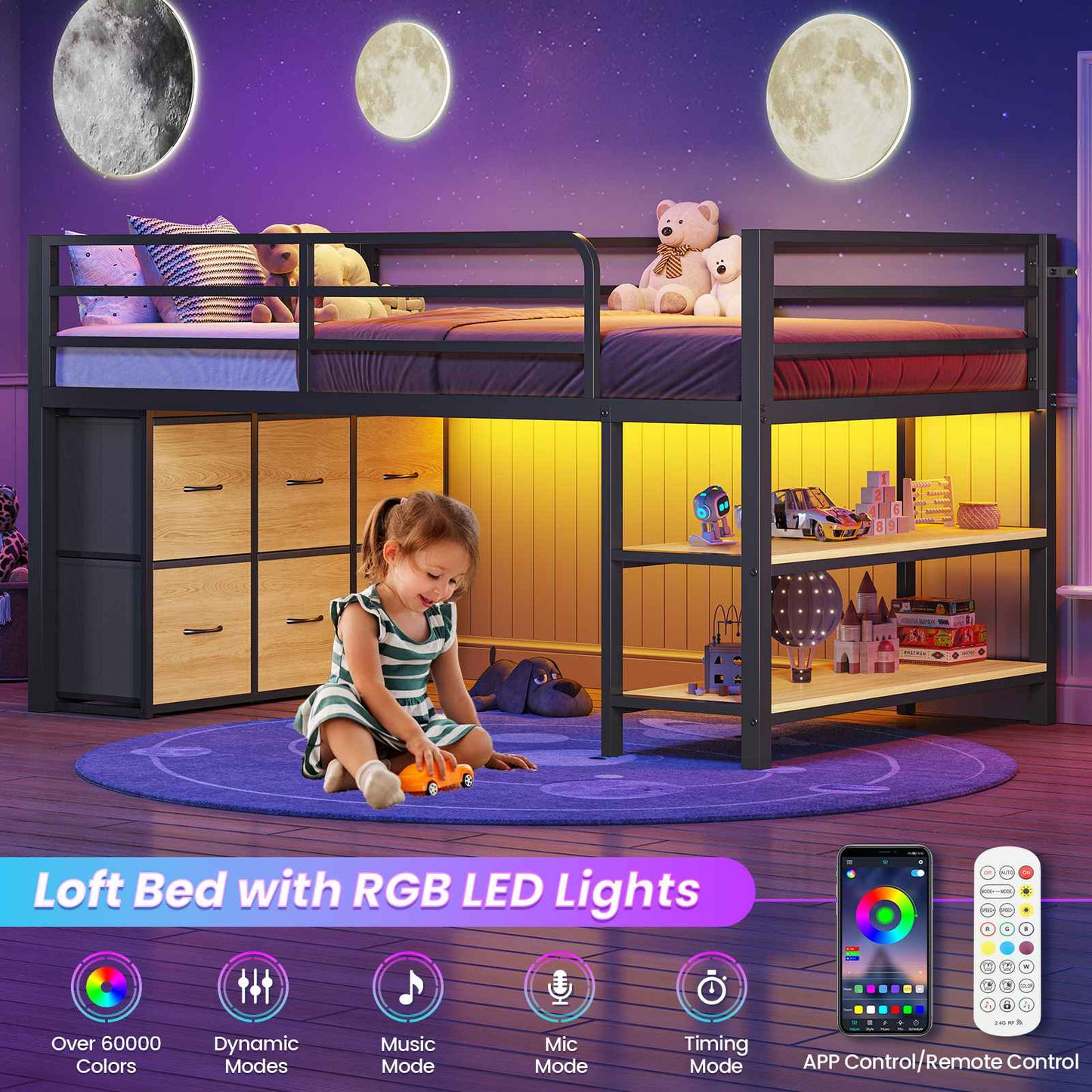 ADORNEVE Low Loft Bed Twin Size with 6 Storage Drawers and Storage Shelves, Metal Kids Loft Bed  with LED Lights and Safety Guard Rail