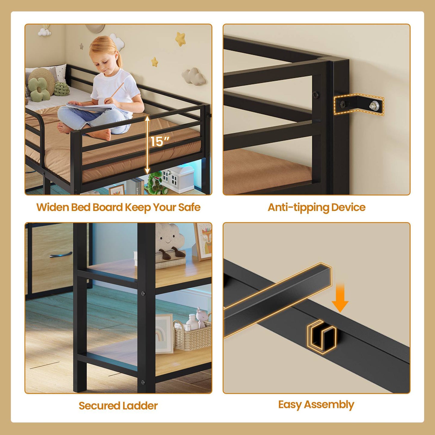 ADORNEVE Low Loft Bed Twin Size with 6 Storage Drawers and Storage Shelves, Metal Kids Loft Bed  with LED Lights and Safety Guard Rail