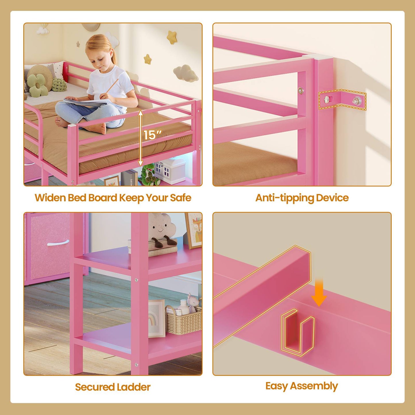 ADORNEVE Low Loft Bed Twin Size with 6 Storage Drawers and Storage Shelves, Metal Kids Loft Bed  with LED Lights and Safety Guard Rail