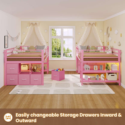 ADORNEVE Low Loft Bed Twin Size with 6 Storage Drawers and Storage Shelves, Metal Kids Loft Bed  with LED Lights and Safety Guard Rail