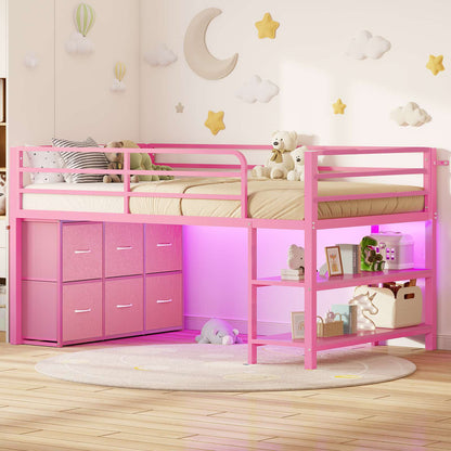 ADORNEVE Low Loft Bed Twin Size with 6 Storage Drawers and Storage Shelves, Metal Kids Loft Bed  with LED Lights and Safety Guard Rail
