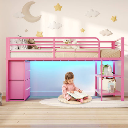 ADORNEVE Low Loft Bed Twin Size with 6 Storage Drawers and Storage Shelves, Metal Kids Loft Bed  with LED Lights and Safety Guard Rail