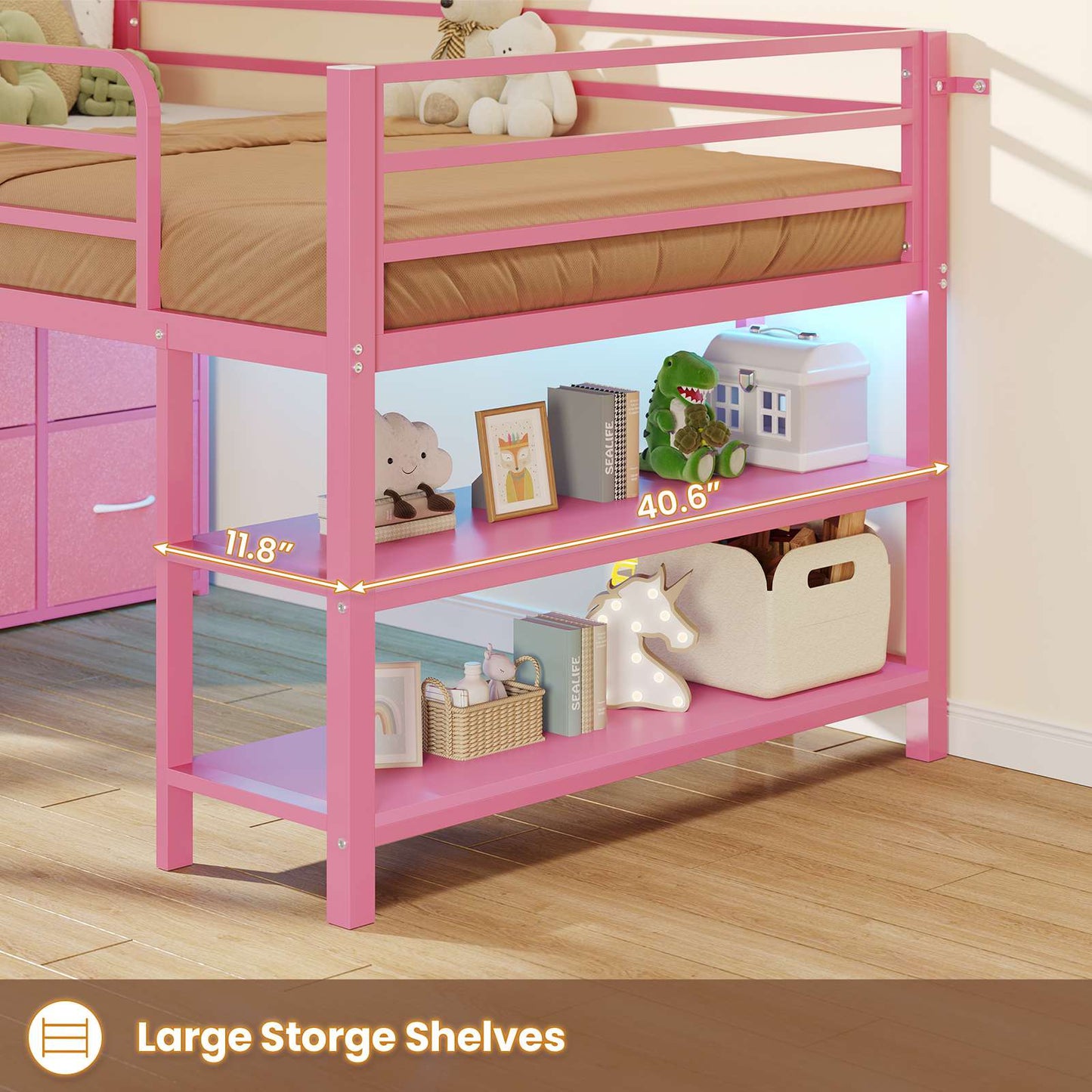 ADORNEVE Low Loft Bed Twin Size with 6 Storage Drawers and Storage Shelves, Metal Kids Loft Bed  with LED Lights and Safety Guard Rail