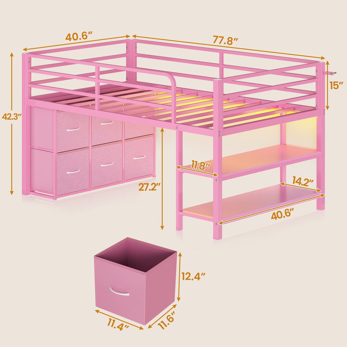 ADORNEVE Low Loft Bed Twin Size with 6 Storage Drawers and Storage Shelves, Metal Kids Loft Bed  with LED Lights and Safety Guard Rail