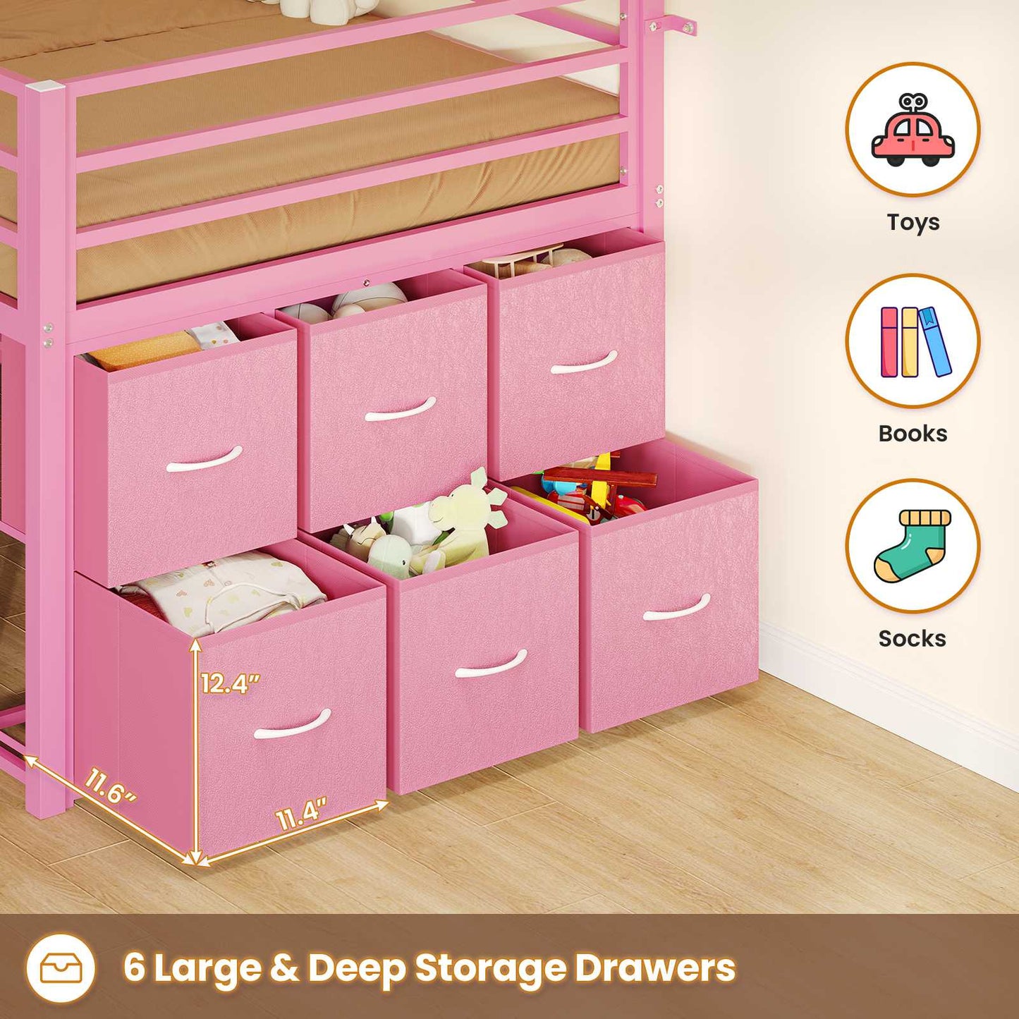 ADORNEVE Low Loft Bed Twin Size with 6 Storage Drawers and Storage Shelves, Metal Kids Loft Bed  with LED Lights and Safety Guard Rail