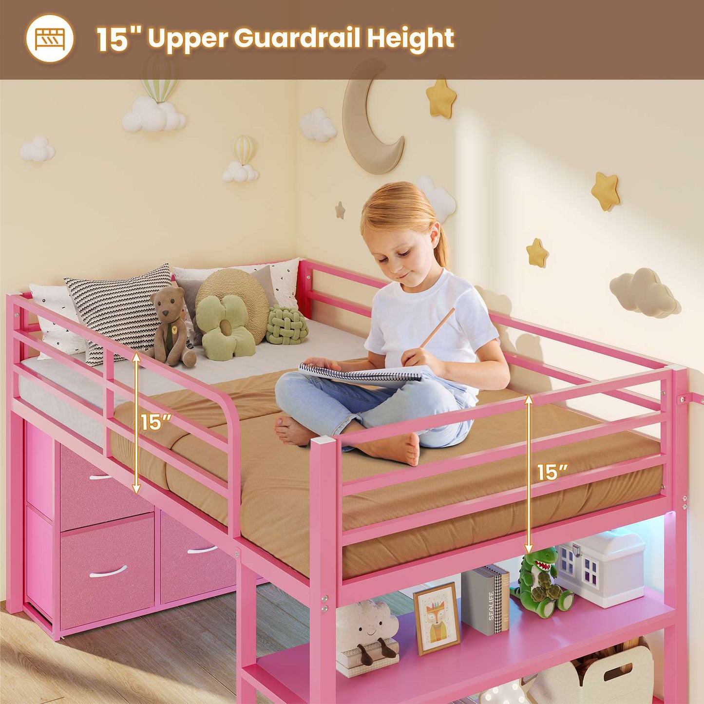 ADORNEVE Low Loft Bed Twin Size with 6 Storage Drawers and Storage Shelves, Metal Kids Loft Bed  with LED Lights and Safety Guard Rail