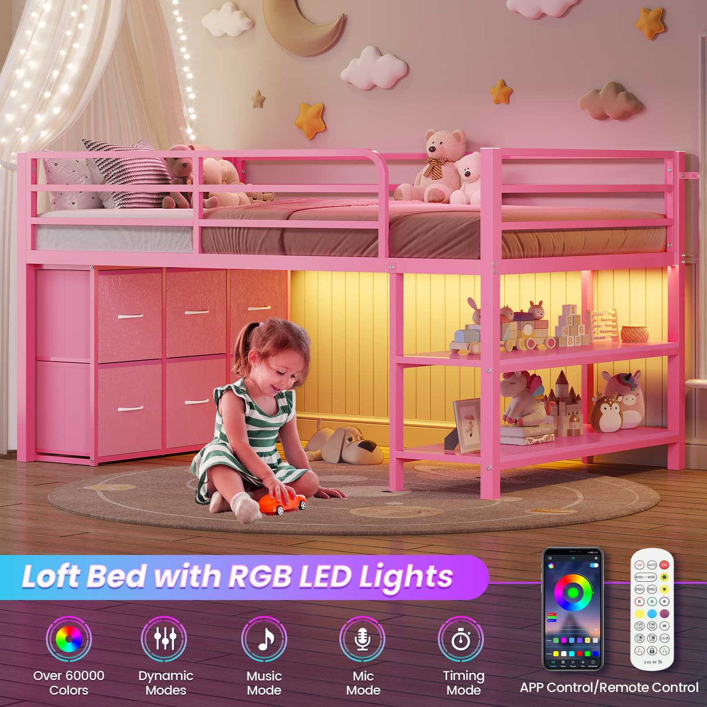 ADORNEVE Low Loft Bed Twin Size with 6 Storage Drawers and Storage Shelves, Metal Kids Loft Bed  with LED Lights and Safety Guard Rail