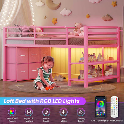 ADORNEVE Low Loft Bed Twin Size with 6 Storage Drawers and Storage Shelves, Metal Kids Loft Bed  with LED Lights and Safety Guard Rail