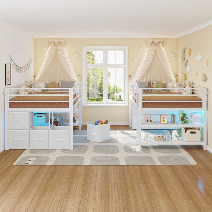 ADORNEVE Low Loft Bed Twin Size with 6 Storage Drawers and Storage Shelves, Metal Kids Loft Bed  with LED Lights and Safety Guard Rail