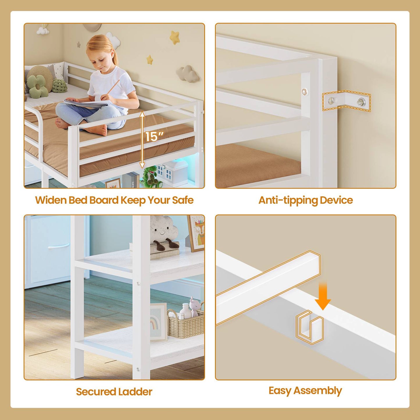 ADORNEVE Low Loft Bed Twin Size with 6 Storage Drawers and Storage Shelves, Metal Kids Loft Bed  with LED Lights and Safety Guard Rail