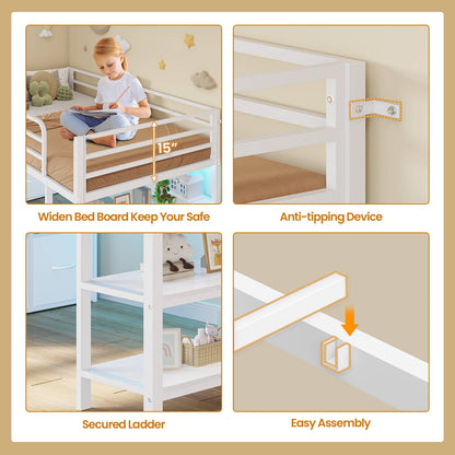 ADORNEVE Low Loft Bed Twin Size with 6 Storage Drawers and Storage Shelves, Metal Kids Loft Bed  with LED Lights and Safety Guard Rail