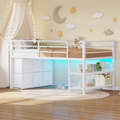 ADORNEVE Low Loft Bed Twin Size with 6 Storage Drawers and Storage Shelves, Metal Kids Loft Bed  with LED Lights and Safety Guard Rail
