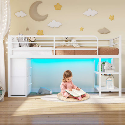 ADORNEVE Low Loft Bed Twin Size with 6 Storage Drawers and Storage Shelves, Metal Kids Loft Bed  with LED Lights and Safety Guard Rail