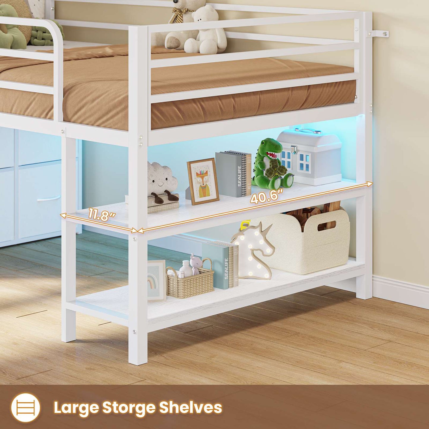 ADORNEVE Low Loft Bed Twin Size with 6 Storage Drawers and Storage Shelves, Metal Kids Loft Bed  with LED Lights and Safety Guard Rail