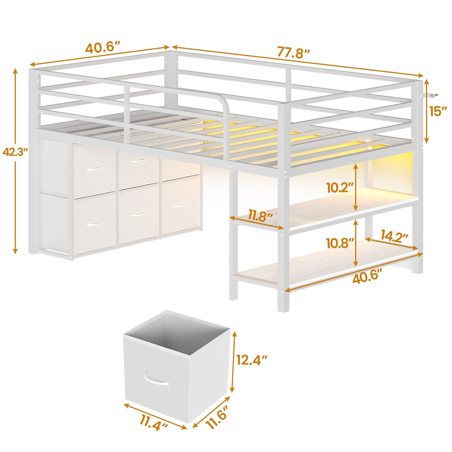 ADORNEVE Low Loft Bed Twin Size with 6 Storage Drawers and Storage Shelves, Metal Kids Loft Bed  with LED Lights and Safety Guard Rail