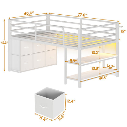 ADORNEVE Low Loft Bed Twin Size with 6 Storage Drawers and Storage Shelves, Metal Kids Loft Bed  with LED Lights and Safety Guard Rail