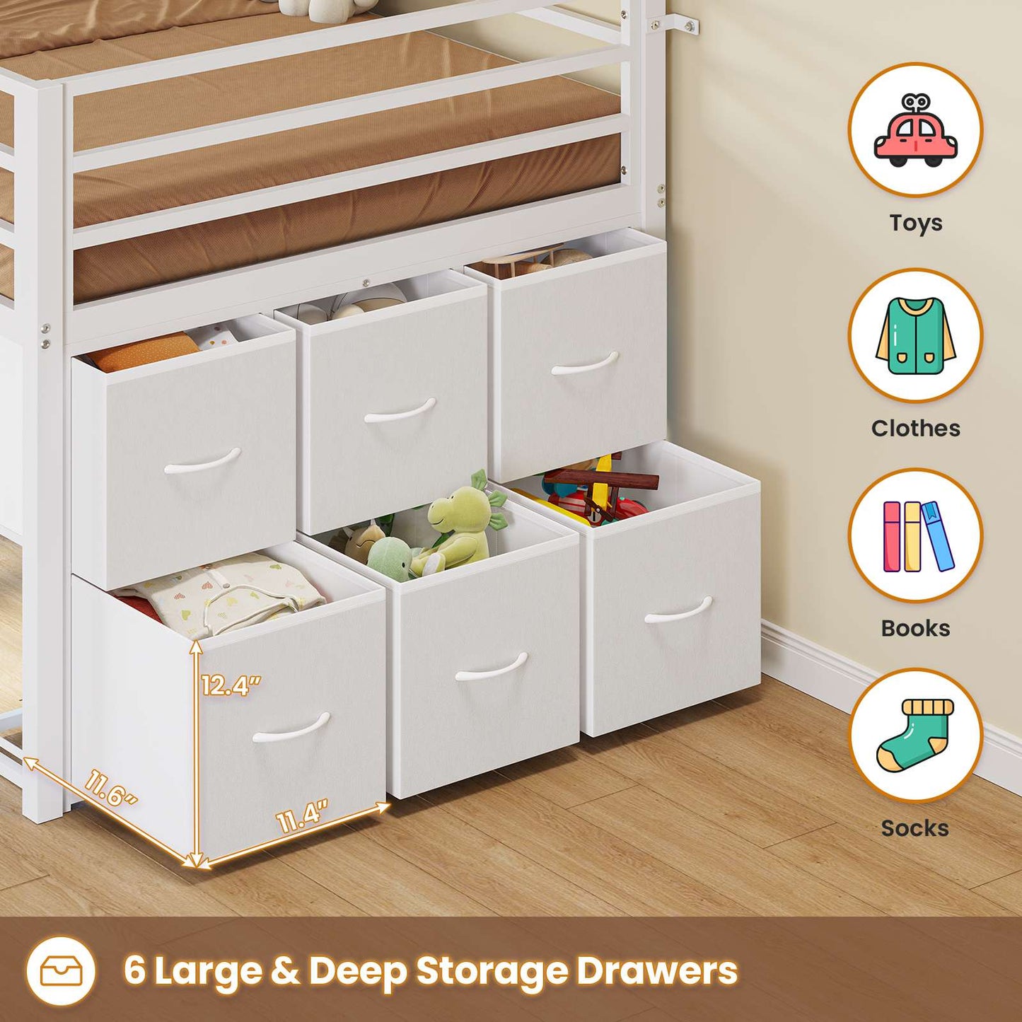 ADORNEVE Low Loft Bed Twin Size with 6 Storage Drawers and Storage Shelves, Metal Kids Loft Bed  with LED Lights and Safety Guard Rail