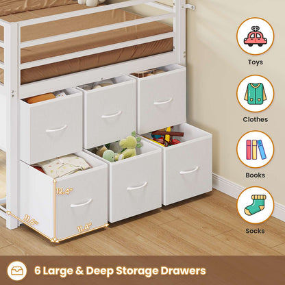 ADORNEVE Low Loft Bed Twin Size with 6 Storage Drawers and Storage Shelves, Metal Kids Loft Bed  with LED Lights and Safety Guard Rail
