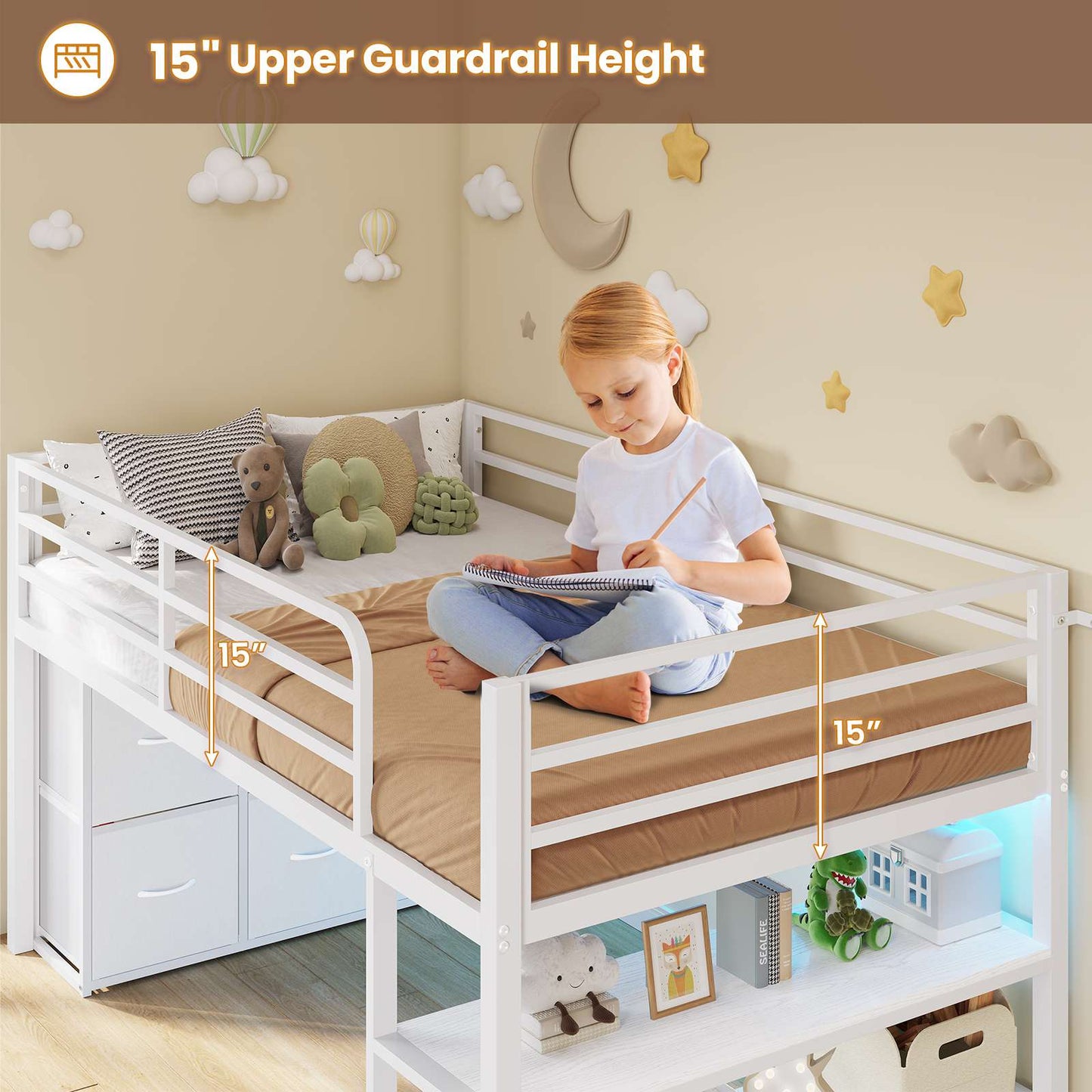 ADORNEVE Low Loft Bed Twin Size with 6 Storage Drawers and Storage Shelves, Metal Kids Loft Bed  with LED Lights and Safety Guard Rail