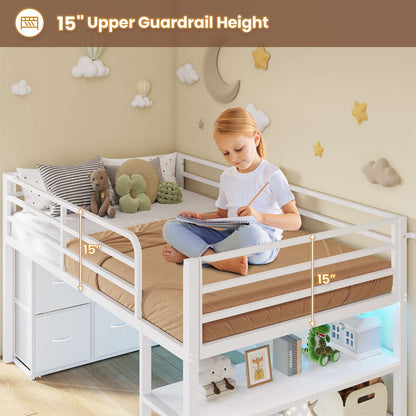 ADORNEVE Low Loft Bed Twin Size with 6 Storage Drawers and Storage Shelves, Metal Kids Loft Bed  with LED Lights and Safety Guard Rail