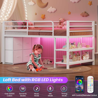 ADORNEVE Low Loft Bed Twin Size with 6 Storage Drawers and Storage Shelves, Metal Kids Loft Bed  with LED Lights and Safety Guard Rail