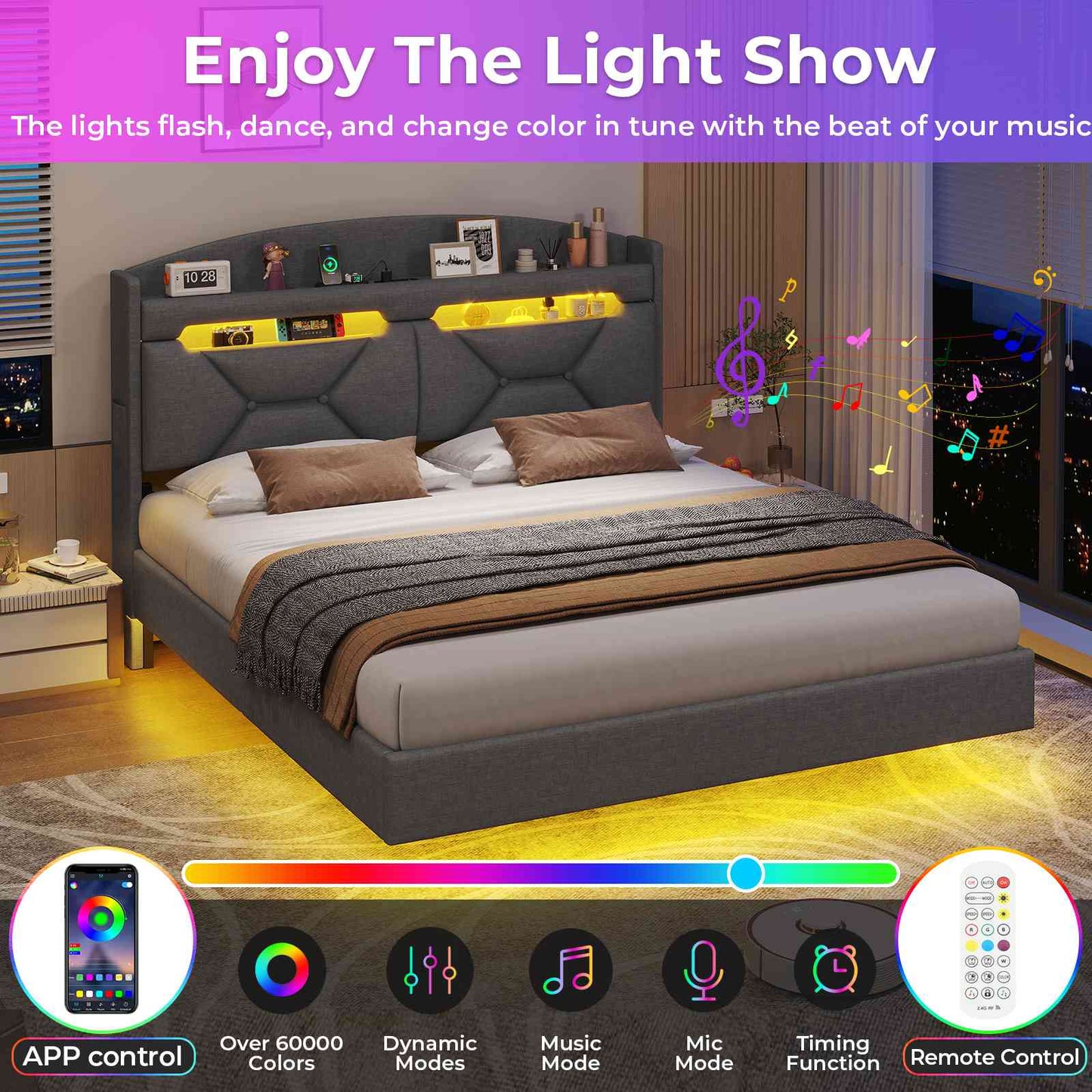 ADORNEVE Queen Floating Bed Frame with Charging Station and Storage Headboard LED Bed Frame with Upholstered Platform and Shelves