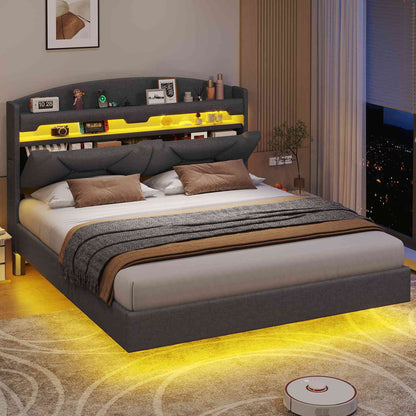 ADORNEVE Queen Floating Bed Frame with Charging Station and Storage Headboard LED Bed Frame with Upholstered Platform and Shelves