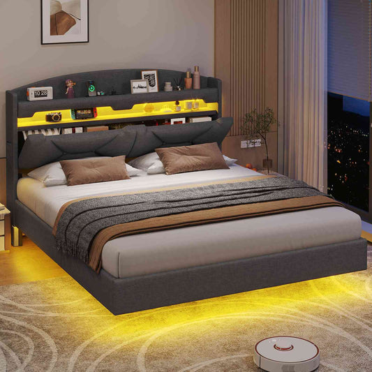 ADORNEVE Queen Floating Bed Frame with Charging Station and Storage Headboard LED Bed Frame with Upholstered Platform and Shelves