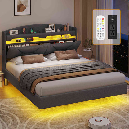 ADORNEVE Queen Floating Bed Frame with Charging Station and Storage Headboard LED Bed Frame with Upholstered Platform and Shelves
