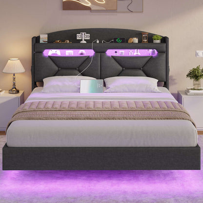 ADORNEVE Queen Floating Bed Frame with Charging Station and Storage Headboard LED Bed Frame with Upholstered Platform and Shelves