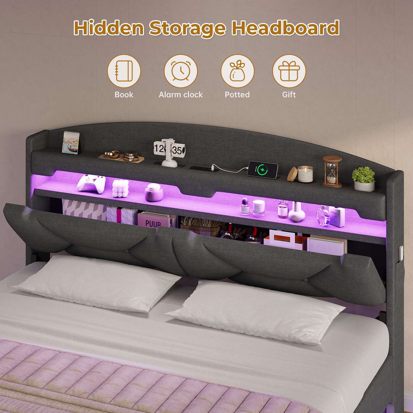 ADORNEVE Queen Floating Bed Frame with Charging Station and Storage Headboard LED Bed Frame with Upholstered Platform and Shelves