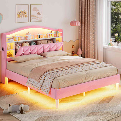 ADORNEVE Bed Frame Full Size with Charging Station and Guardrail Crystal Button Girls Princess Velvet Upholstered Platform Bed with LED Lights