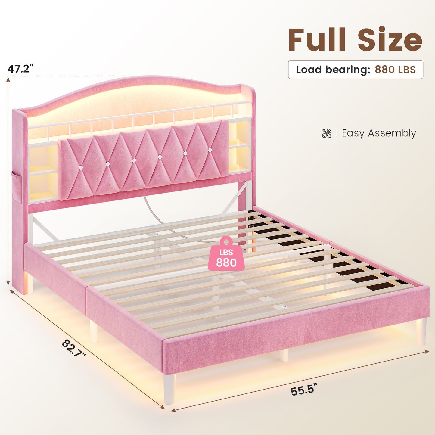 ADORNEVE Bed Frame Full Size with Charging Station and Guardrail Crystal Button Girls Princess Velvet Upholstered Platform Bed with LED Lights