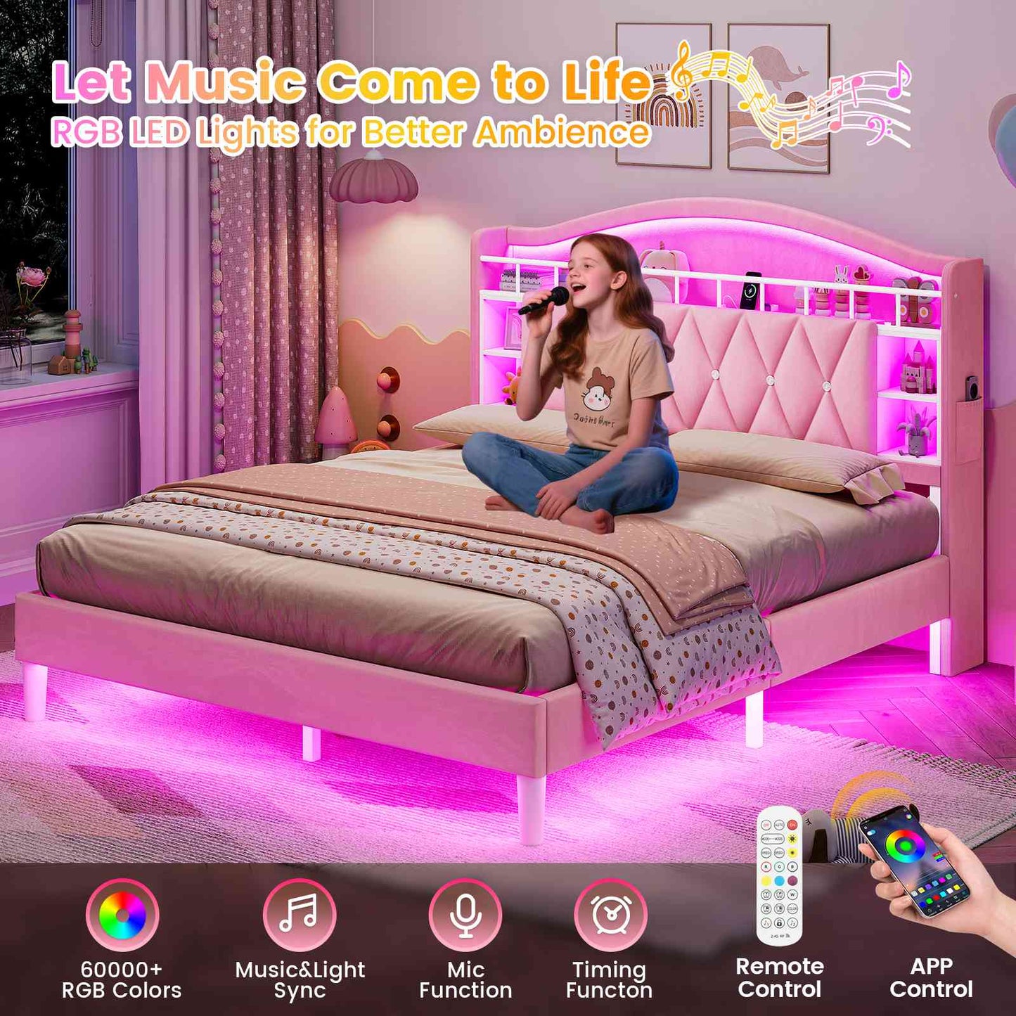 ADORNEVE Bed Frame Full Size with Charging Station and Guardrail Crystal Button Girls Princess Velvet Upholstered Platform Bed with LED Lights