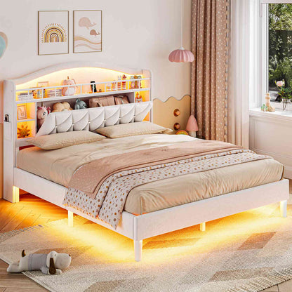 ADORNEVE Bed Frame Full Size with Charging Station and Guardrail Crystal Button Girls Princess Velvet Upholstered Platform Bed with LED Lights