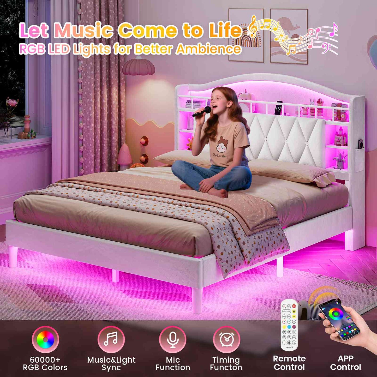 ADORNEVE Bed Frame Full Size with Charging Station and Guardrail Crystal Button Girls Princess Velvet Upholstered Platform Bed with LED Lights