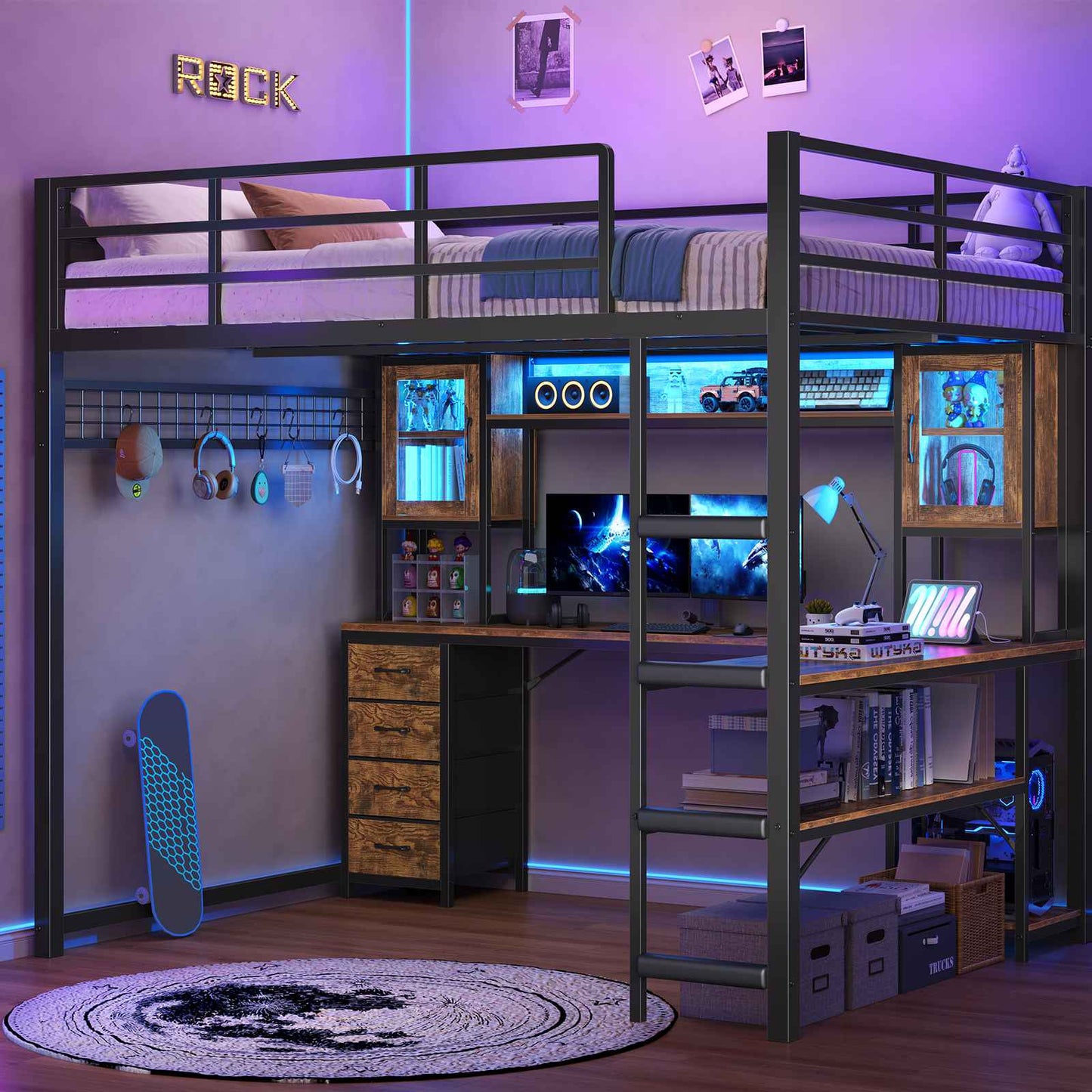 ADORNEVE Gaming Loft Bed Full Size with Desk and Hutch Drawers Power Outlet Metal Teens Loft Bed with RGB Lights and Guardrail Ladder