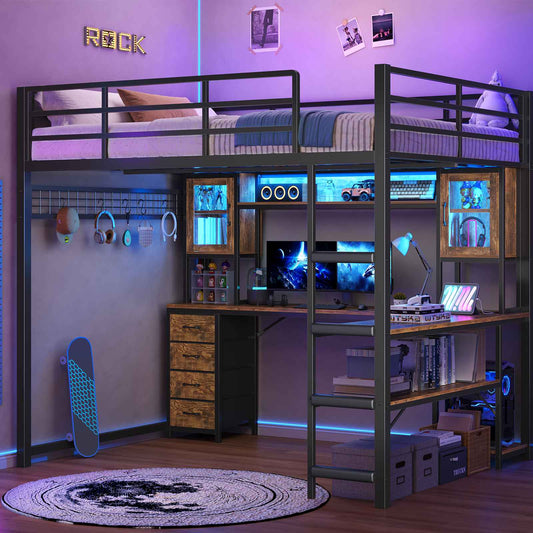 ADORNEVE Gaming Loft Bed Full Size with Desk and Hutch Drawers Power Outlet Metal Teens Loft Bed with RGB Lights and Guardrail Ladder