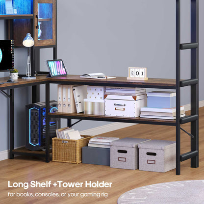 ADORNEVE Gaming Loft Bed Full Size with Desk and Hutch Drawers Power Outlet Metal Teens Loft Bed with RGB Lights and Guardrail Ladder