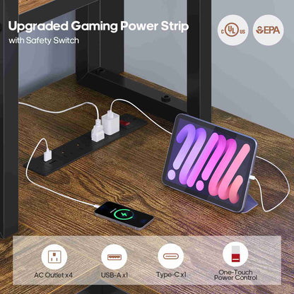 ADORNEVE Gaming Loft Bed Full Size with Desk and Hutch Drawers Power Outlet Metal Teens Loft Bed with RGB Lights and Guardrail Ladder