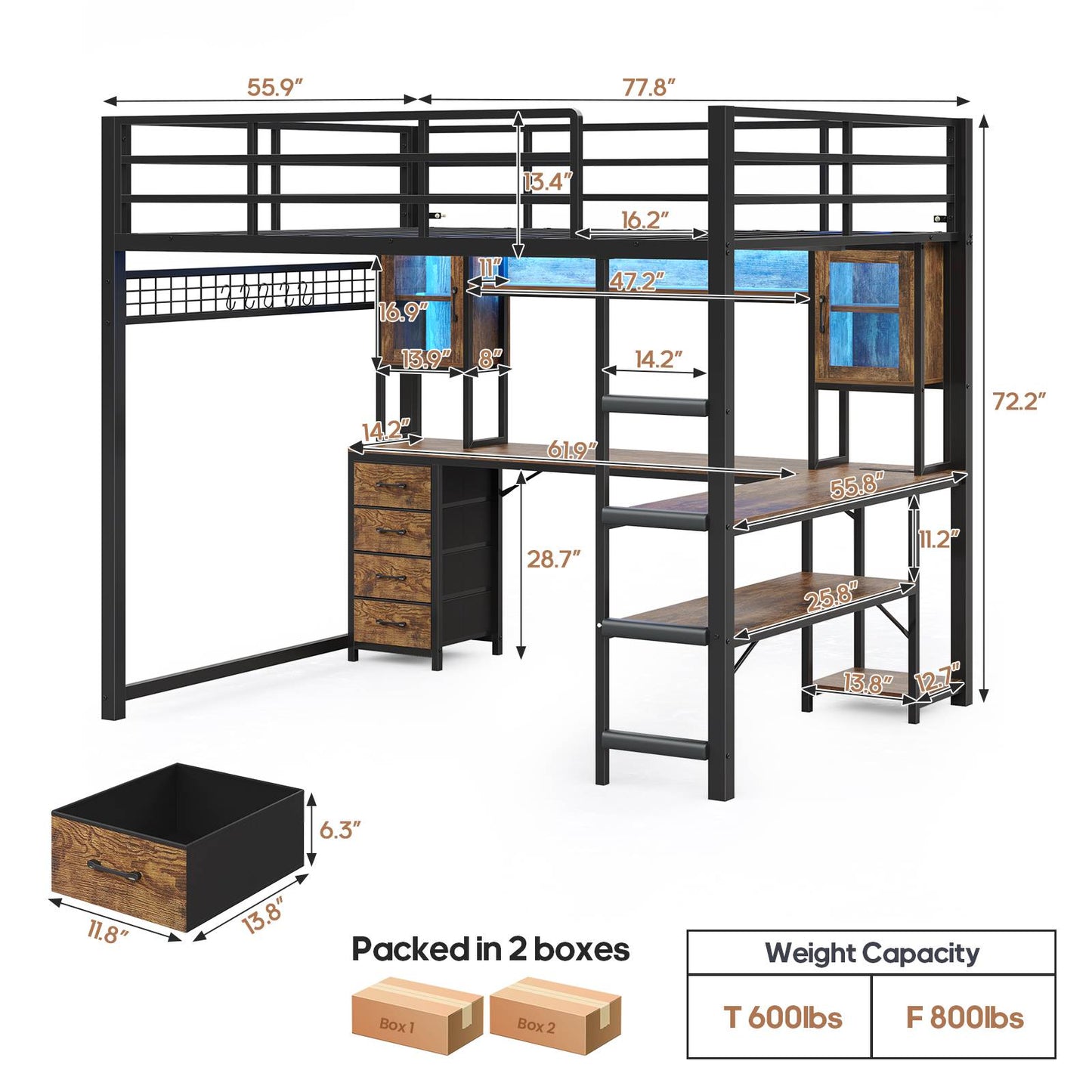 ADORNEVE Gaming Loft Bed Full Size with Desk and Hutch Drawers Power Outlet Metal Teens Loft Bed with RGB Lights and Guardrail Ladder